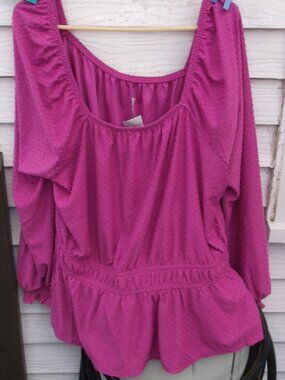 Lane Bryant Square Neck Swiss Dot Long Sleeve Blouse 26/28 – Ruffle Trim, Peplum